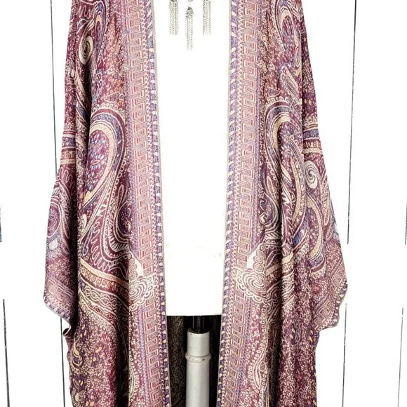 Grey burgundy tribal paisley pashmina kimono cover up jacket - Picture 3 of 6